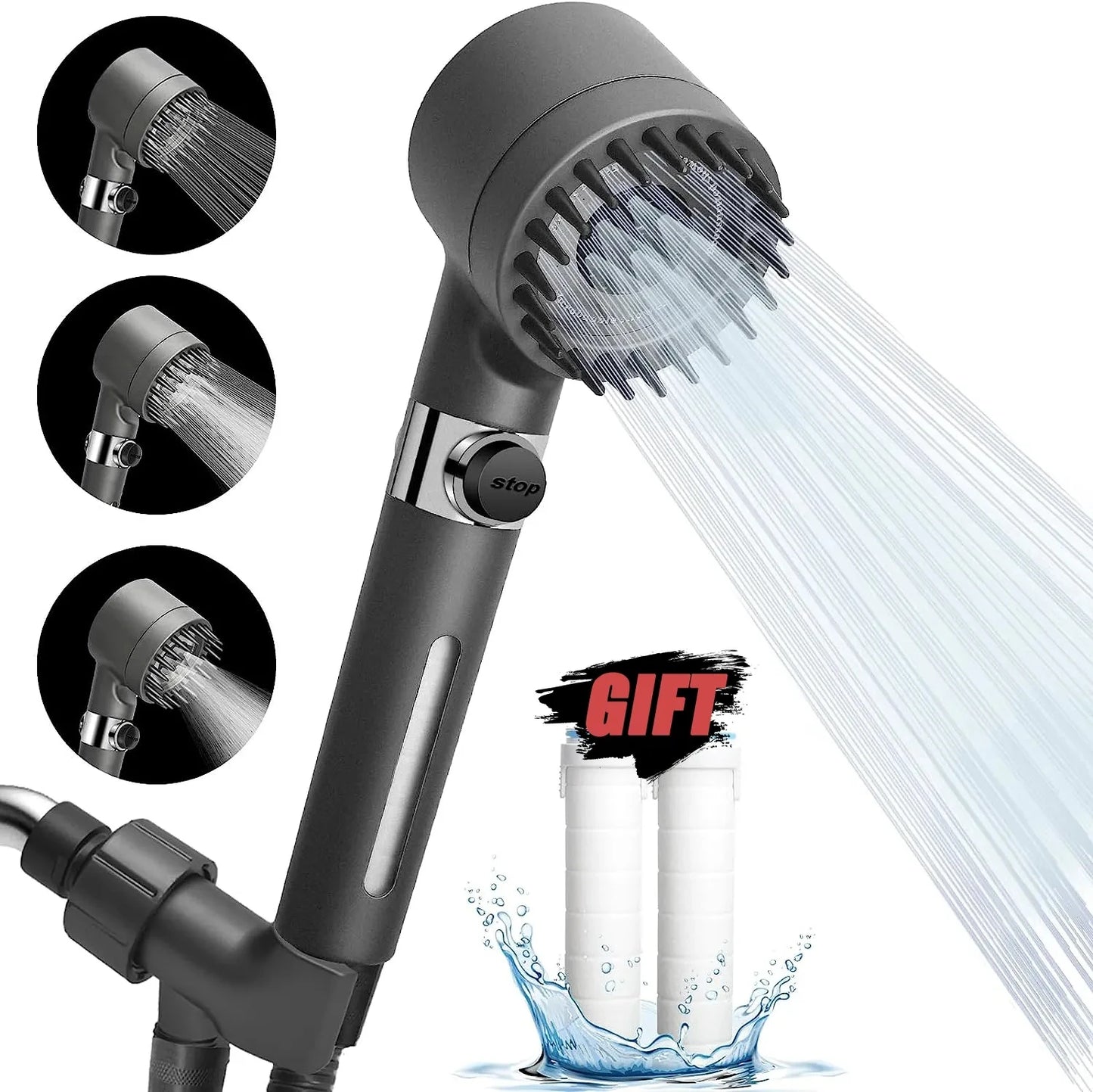 Black Rainfall Shower Head - High Pressure, 3 Modes